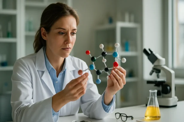 Vedkyňa analyzuje molekulu koenzýmov v laboratóriu.