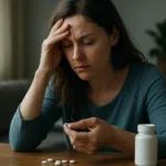 Žena s úzkosťou drží lieky benzodiazepínov na stole.