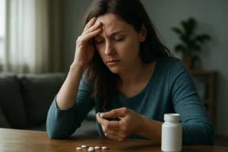 Žena s úzkosťou drží lieky benzodiazepínov na stole.