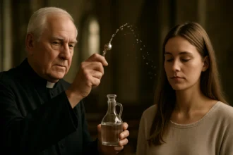 Kňaz posväcuje svätenú vodu a žena pokorne prijíma obrad.