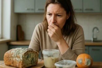 Žena vyzerajúca znepokojene nad plesnivými potravinami na stole.