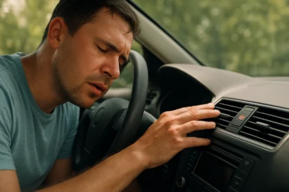 Muž kontroluje klixon v automobilovom interiéri pri prehriatí.