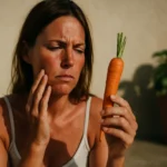 Žena sa mrkvou premýšľa o beta-karoténe a opálení pleti