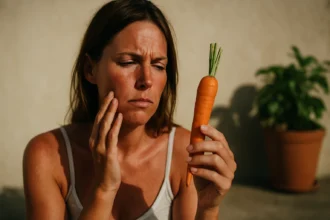 Žena sa mrkvou premýšľa o beta-karoténe a opálení pleti