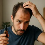 Muž kontrolujúci vypadávanie vlasov s prírodným liekom Stemoxidín.