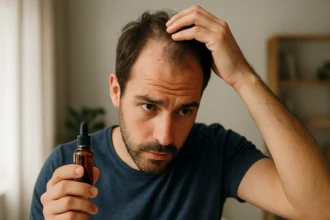 Muž kontrolujúci vypadávanie vlasov s prírodným liekom Stemoxidín.