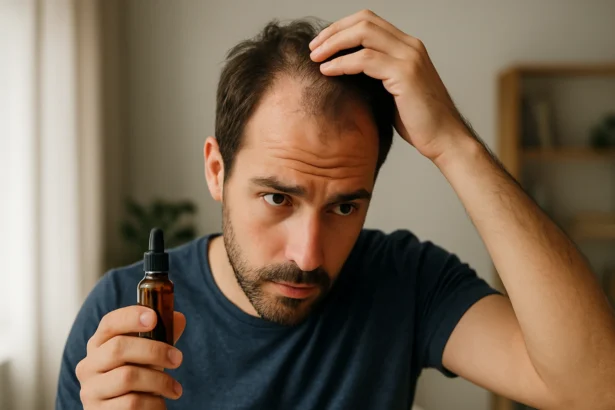 Muž kontrolujúci vypadávanie vlasov s prírodným liekom Stemoxidín.