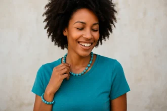 Žena s afro účesom nosí šperk v africkom tyrkysovom odtieni.