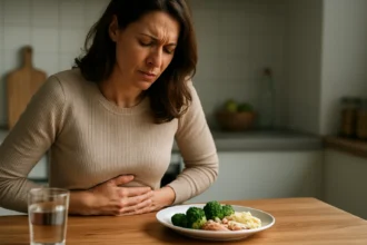 Žena s bolesťami žalúdka sedí pri stole so zeleninou
