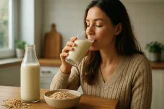 Žena si vychutnáva ovsené mlieko z pohára s miskou ovsa.