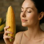 Žena drží kukuricu a usmieva sa, objavuje výhody kukurice pre pleť.