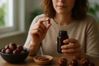 Žena drží gaštanovú tabletu a fľašu na stole s gaštanmi.