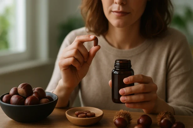 Žena drží gaštanovú tabletu a fľašu na stole s gaštanmi.