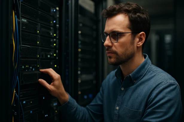 Muž pracuje s webovými servermi v datovom centre