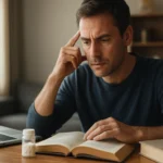 Muž študuje s Lucetamom na stole, zameraný na kognitívne zlepšenie.