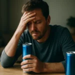 Muž so stresom a energetickým nápojom s rizikami zdravia