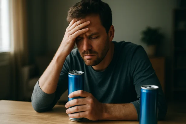 Muž so stresom a energetickým nápojom s rizikami zdravia