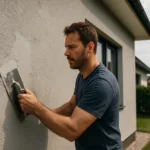 Muž nanáša silikónovú omietku na fasádu domu.