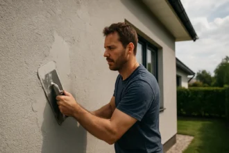 Muž nanáša silikónovú omietku na fasádu domu.