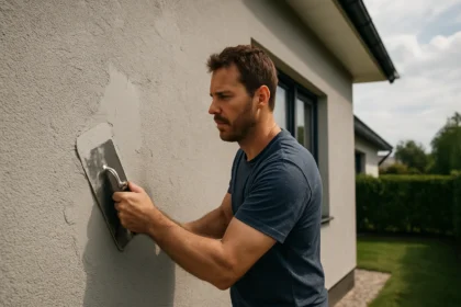 Muž nanáša silikónovú omietku na fasádu domu.