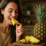 Žena si vychutnáva čerstvý ananás v kuchyni