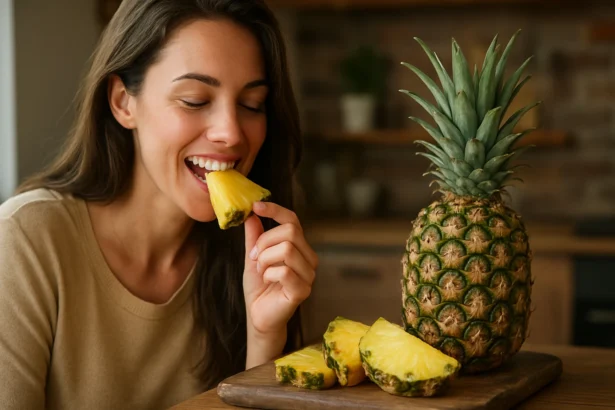 Žena si vychutnáva čerstvý ananás v kuchyni