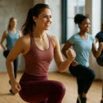 Ženy cvičiace aerobik v posilňovni s úsmevom