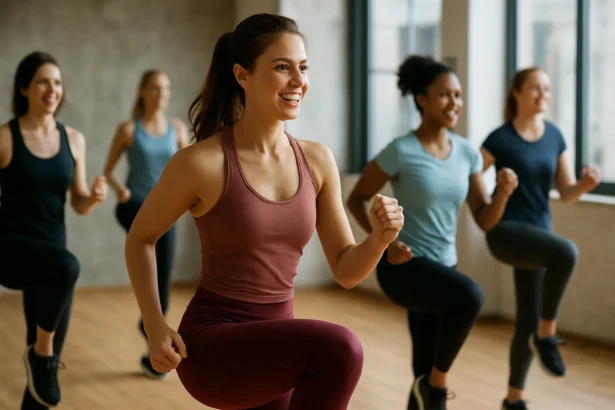 Ženy cvičiace aerobik v posilňovni s úsmevom
