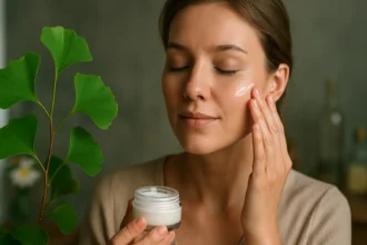 Žena nanášajúca pleťový krém s extraktom Ginkgo biloba na tvár