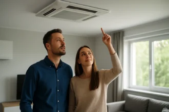 Mladý pár obdivuje moderný VRV klimatizačný systém v byte