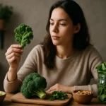 Žena skúma listy zeleniny bohaté na vitamín K1.