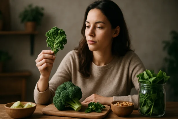 Žena skúma listy zeleniny bohaté na vitamín K1.