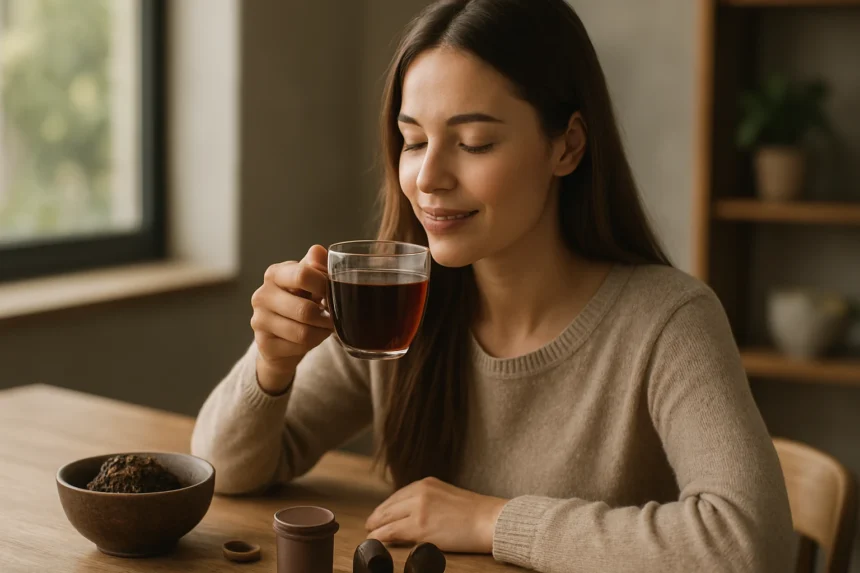 Žena si vychutnáva pu-erh čajové kapsule vo svojej kuchyni.