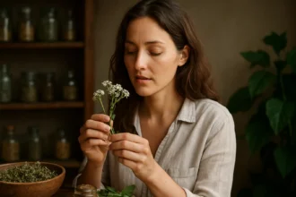Žena skúma kvety archangeliky v prírodnej lekárni.