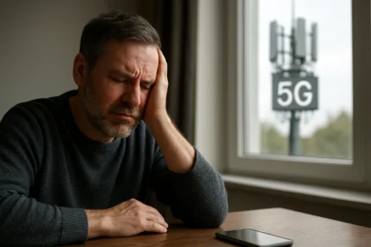 Podráždený muž s bolesťou hlavy a 5G vežou v pozadí.