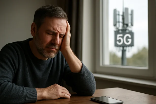 Podráždený muž s bolesťou hlavy a 5G vežou v pozadí.