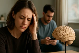 Žena so sklonenou hlavou trpiaca emocionálnym stresom, muž za ňou s mobilom.