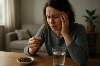 Žena so zlou náladou drží klinček a sklo vody, má bolesť hlavy.