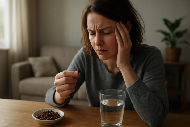 Žena so zlou náladou drží klinček a sklo vody, má bolesť hlavy.