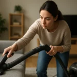 Žena čistí sedačku s hĺbkovým sacím nadstavcom