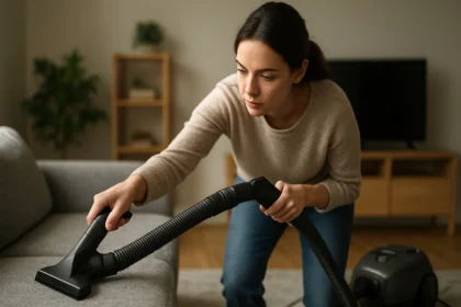 Žena čistí sedačku s hĺbkovým sacím nadstavcom