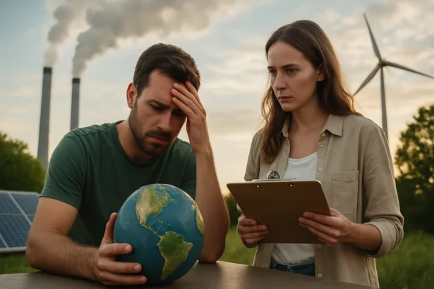 Mladý pár diskutuje o znečistení životného prostredia s globusom a poznámkami.