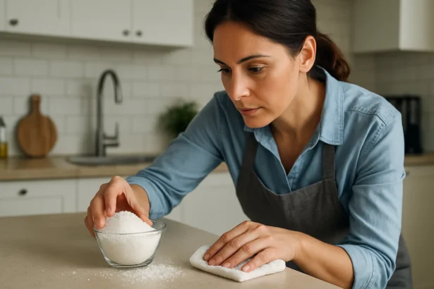 Žena v kuchyni čistí stôl so soľou na hygienické účely