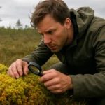 Muž skúma rašelinisko so zväčšovacím sklom