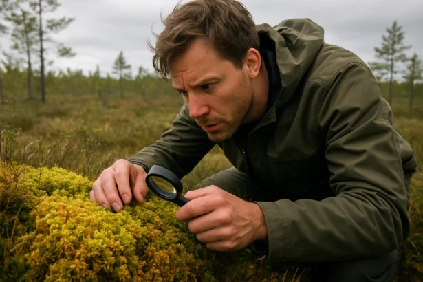 Muž skúma rašelinisko so zväčšovacím sklom