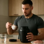 Muž pripravuje AAKG 1000 doplnok pri stole v kuchyni.