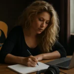 Žena píše piesne pri stole s počítačom a gitarou v pozadí.