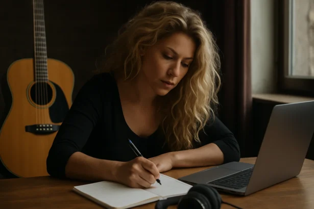 Žena píše piesne pri stole s počítačom a gitarou v pozadí.