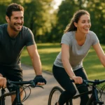 Šťastný pár jazdiaci na bicykloch v prírode