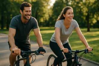 Šťastný pár jazdiaci na bicykloch v prírode